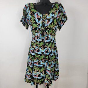 Vintage Hawaiian Button Front Sun Dress Palm Trees Surfing Bikini Print